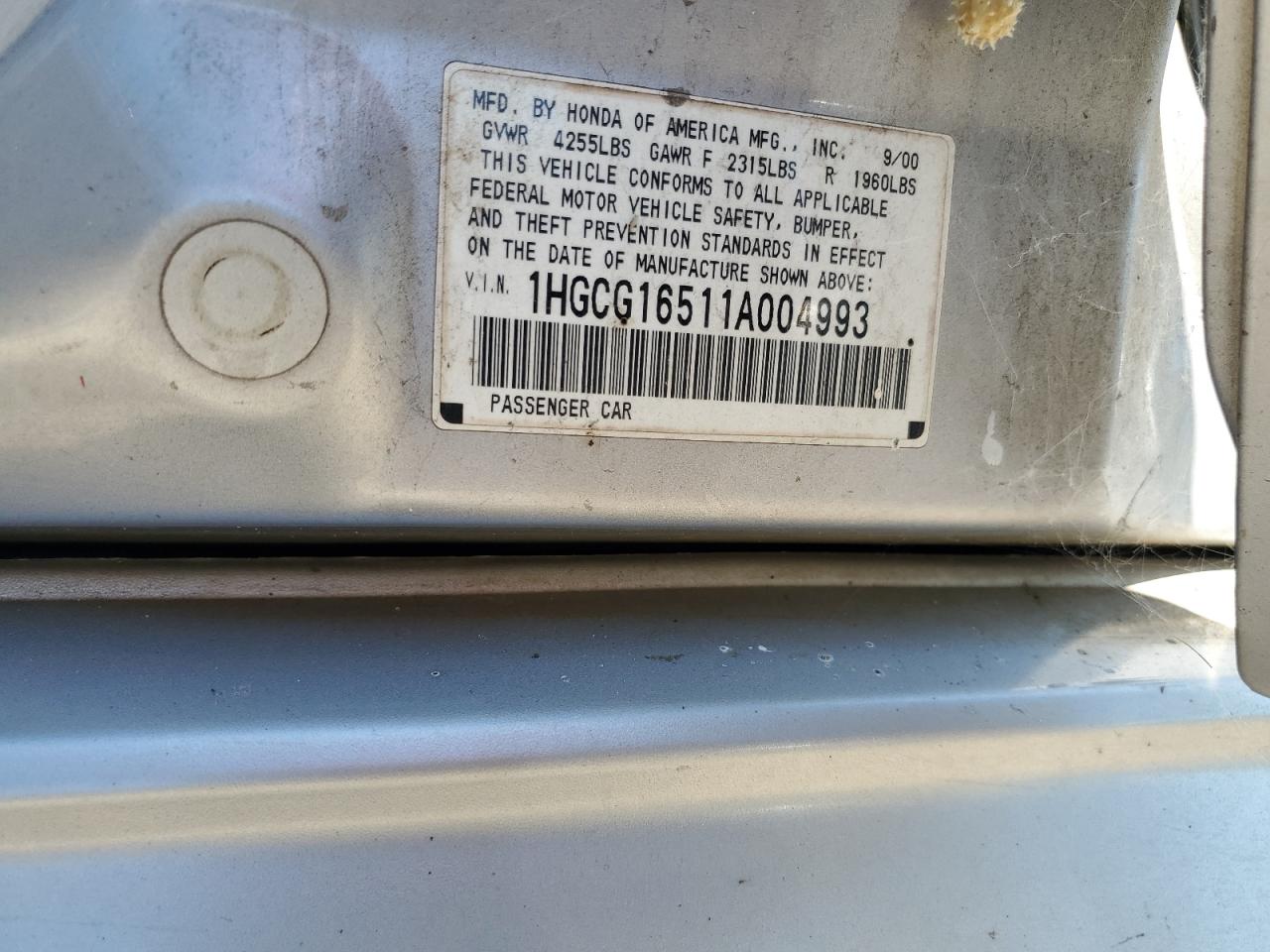 2001 Honda Accord Ex VIN: 1HGCG16511A004993 Lot: 69480595