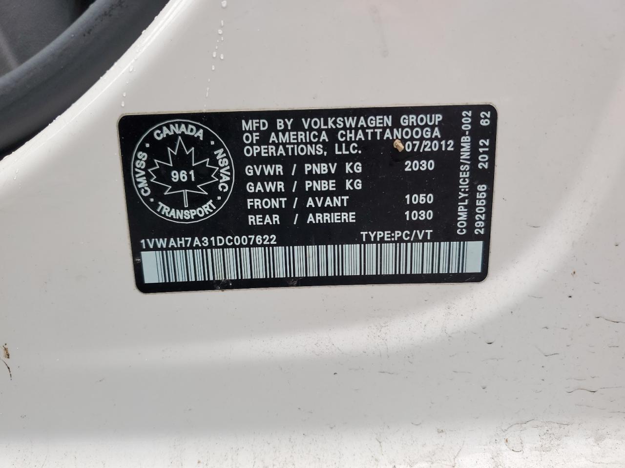 2013 Volkswagen Passat S VIN: 1VWAH7A31DC007622 Lot: 70897345