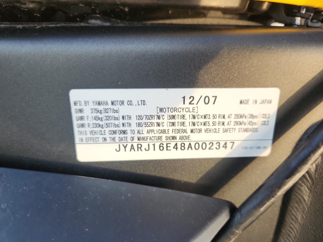 2008 Yamaha Yzfr6 VIN: JYARJ16E48A002347 Lot: 70146785