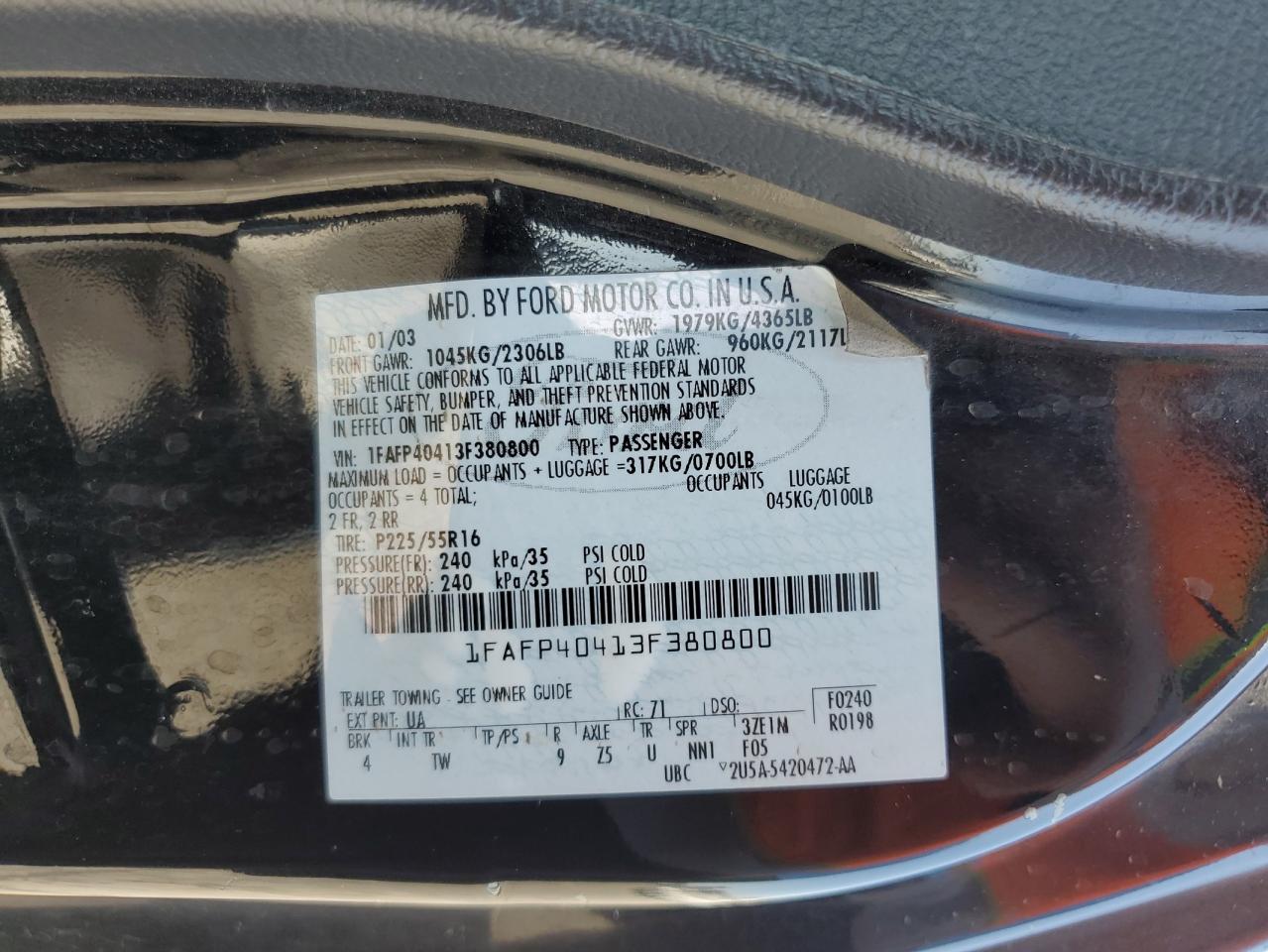 2003 Ford Mustang VIN: 1FAFP40413F380800 Lot: 71020715