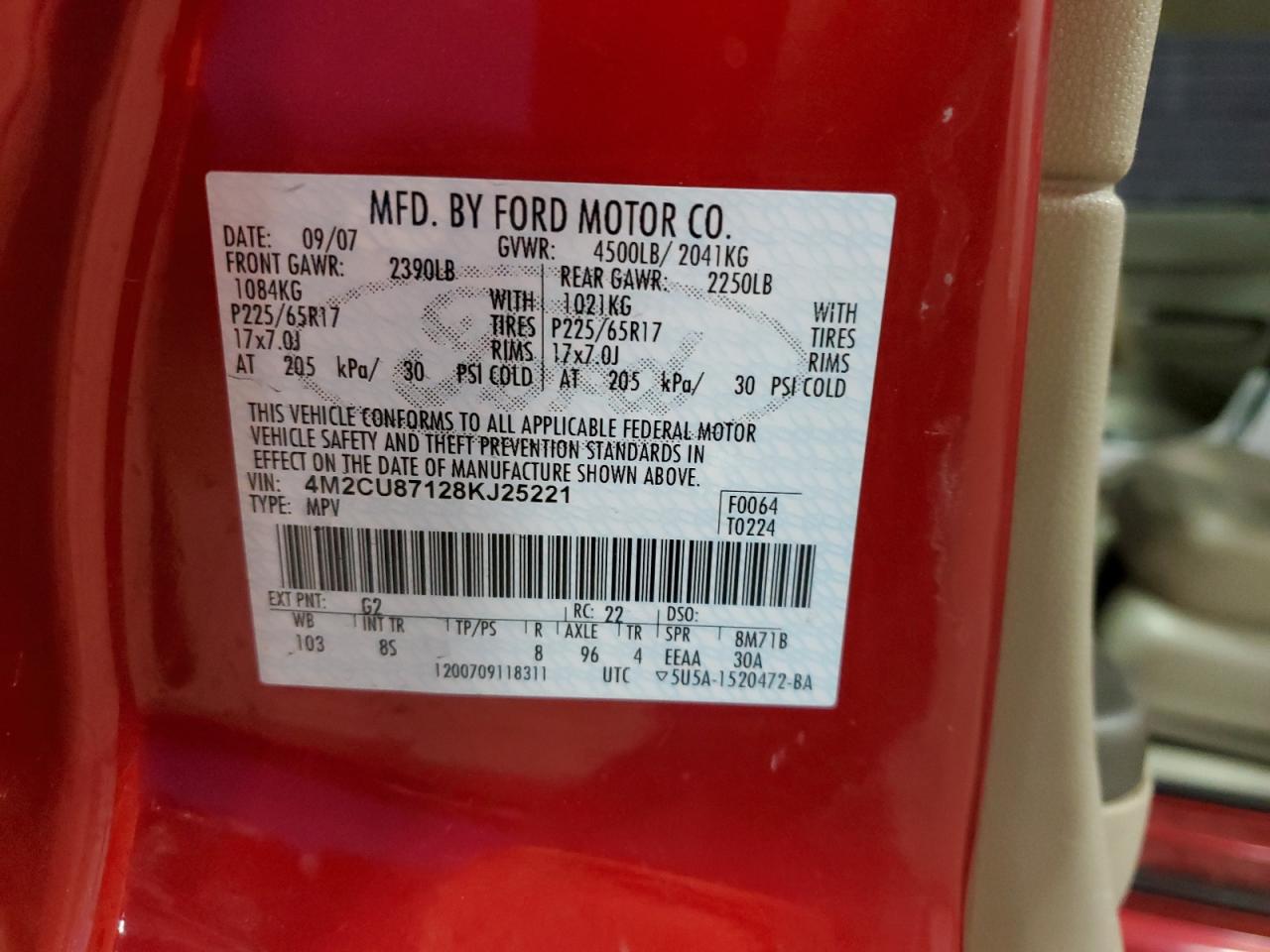 2008 Mercury Mariner Premier VIN: 4M2CU87128KJ25221 Lot: 69029555