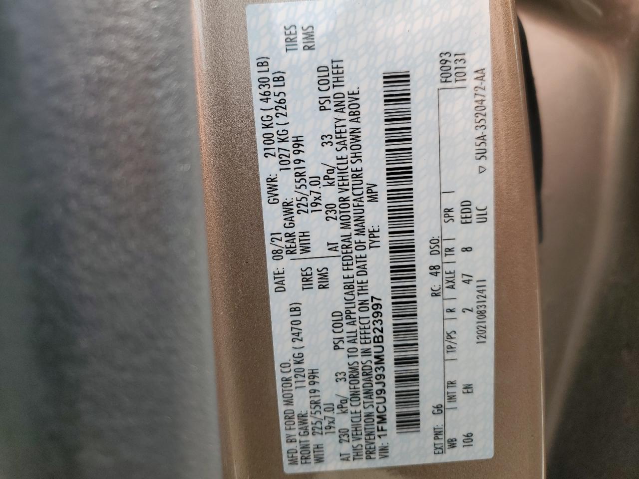 2021 Ford Escape Titanium VIN: 1FMCU9J93MUB23997 Lot: 67260675