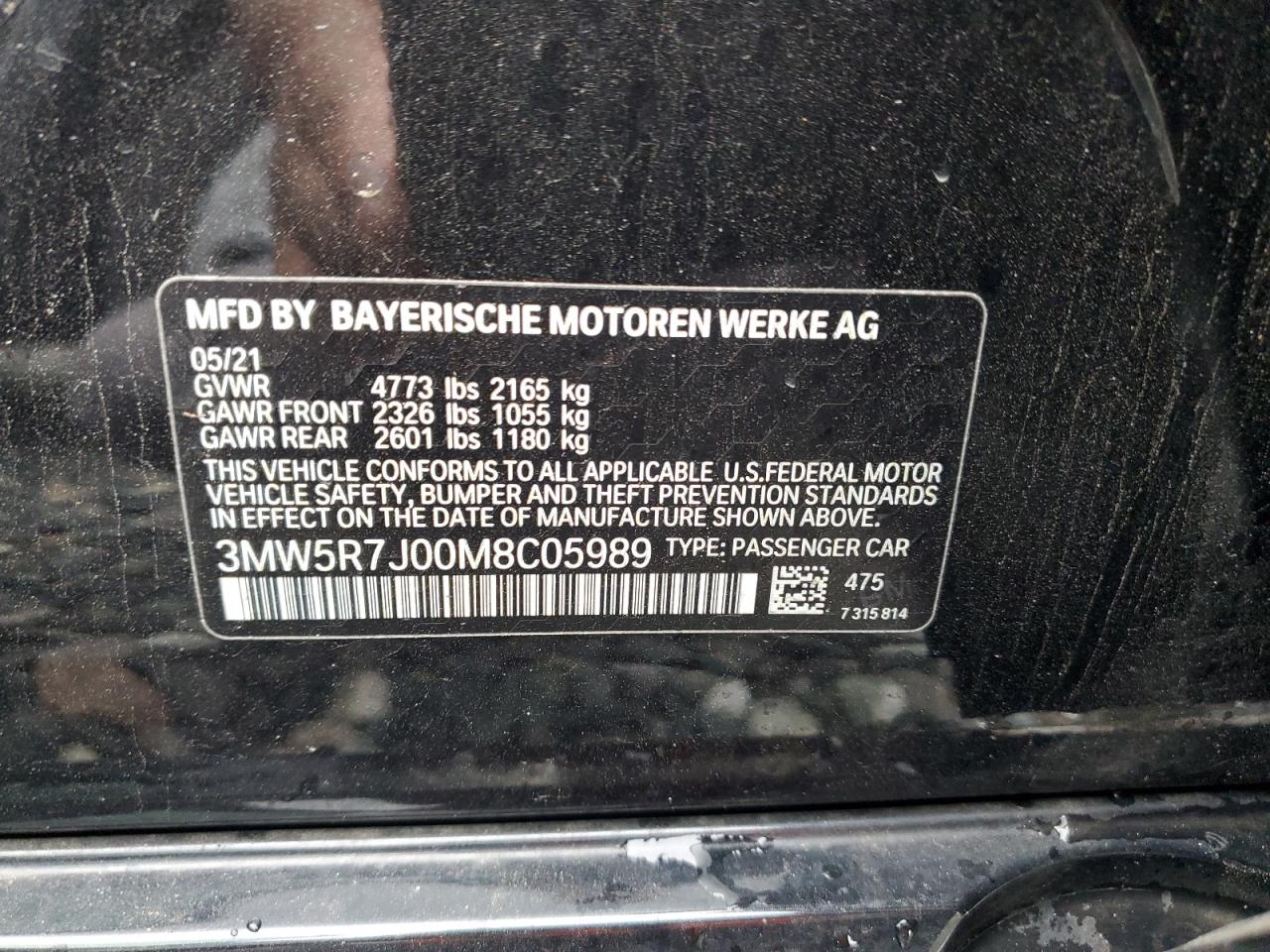 2021 BMW 330Xi VIN: 3MW5R7J00M8C05989 Lot: 68047205