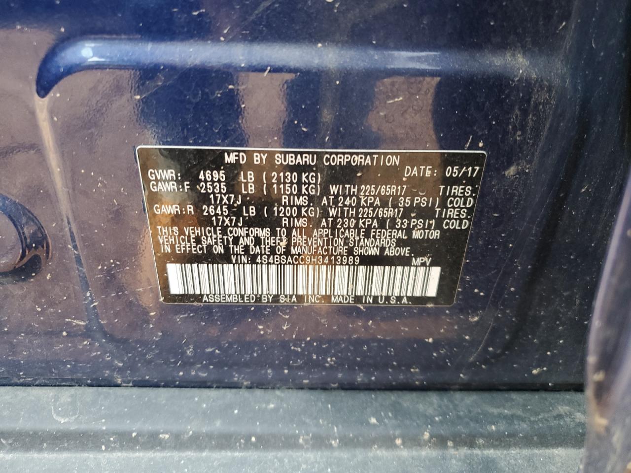 2017 Subaru Outback 2.5I Premium VIN: 4S4BSACC9H3413989 Lot: 71524015