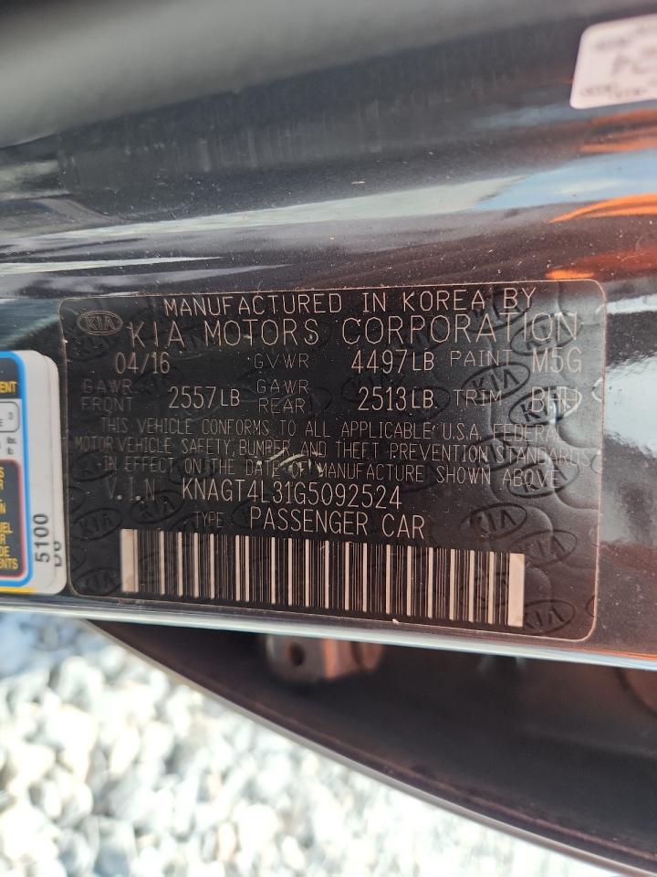 2016 Kia Optima Lx VIN: KNAGT4L31G5092524 Lot: 68892405