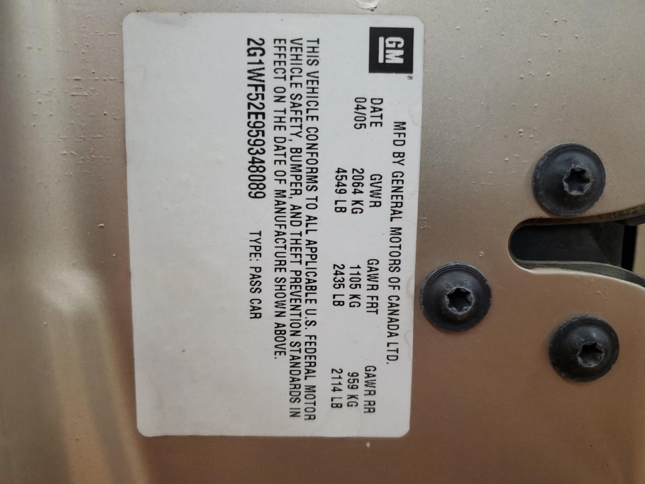 2005 Chevrolet Impala VIN: 2G1WF52E959348089 Lot: 69209435