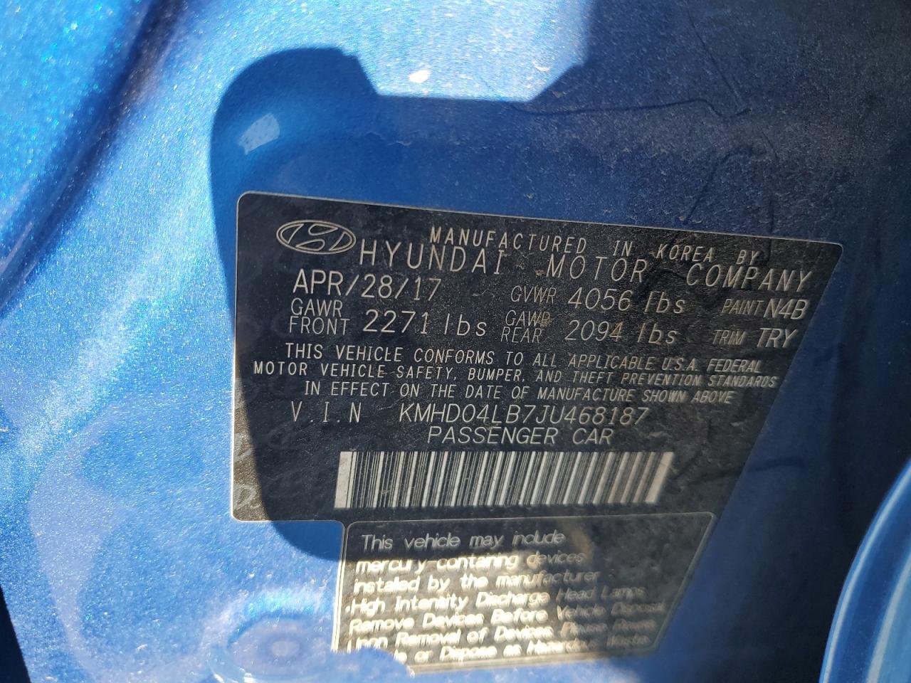 2018 Hyundai Elantra Sport VIN: KMHD04LB7JU468187 Lot: 70500755