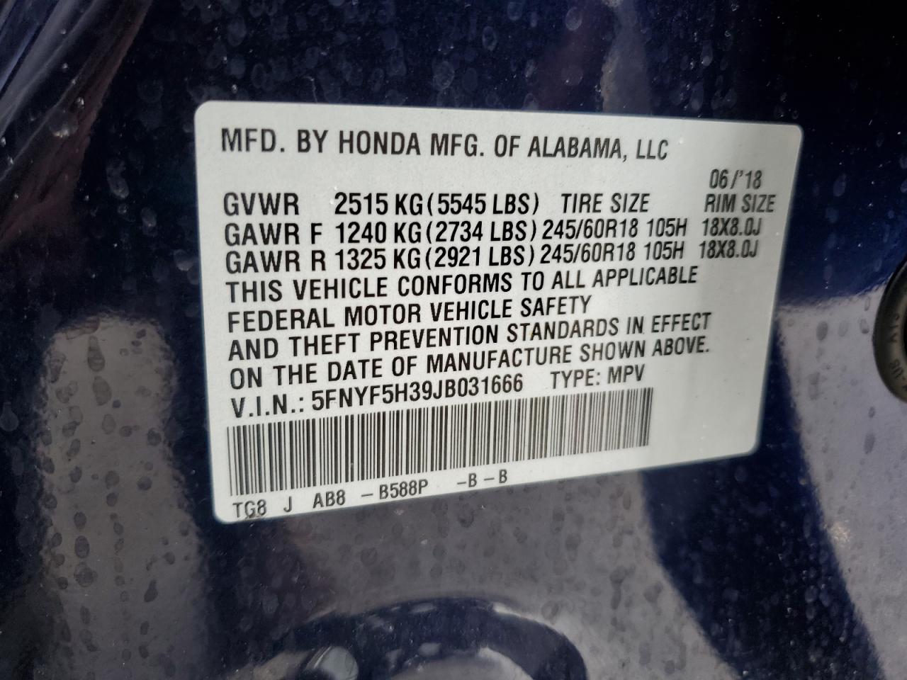 2018 Honda Pilot Ex VIN: 5FNYF5H39JB031666 Lot: 68173685