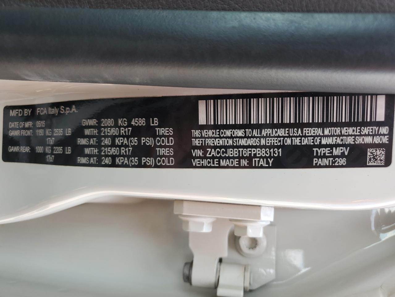 2015 Jeep Renegade Latitude VIN: ZACCJBBT6FPB83131 Lot: 67761745