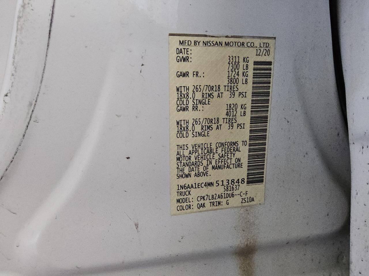 2021 Nissan Titan S VIN: 1N6AA1EC4MN513848 Lot: 69156775