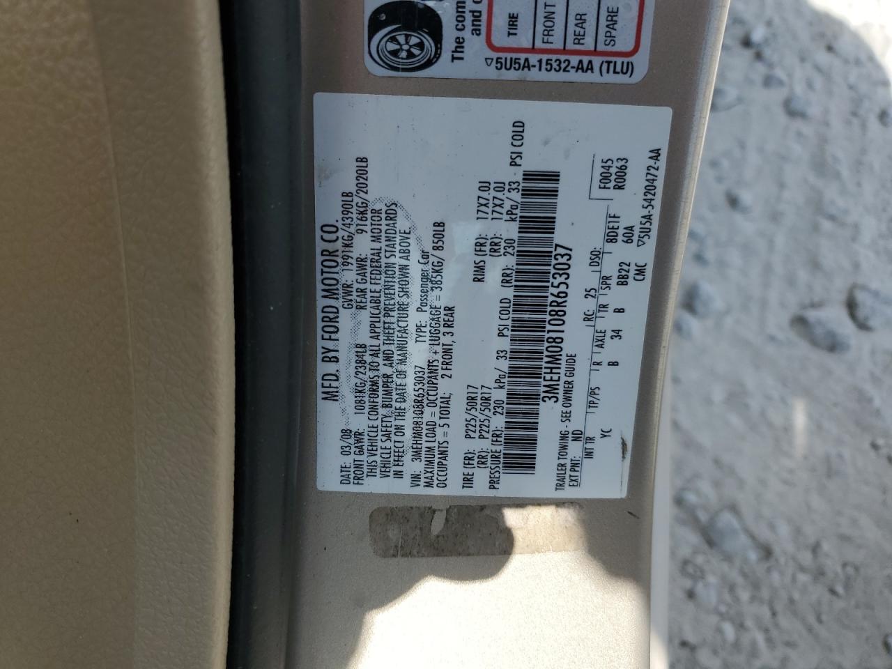 2008 Mercury Milan Premier VIN: 3MEHM08108R653037 Lot: 68198875