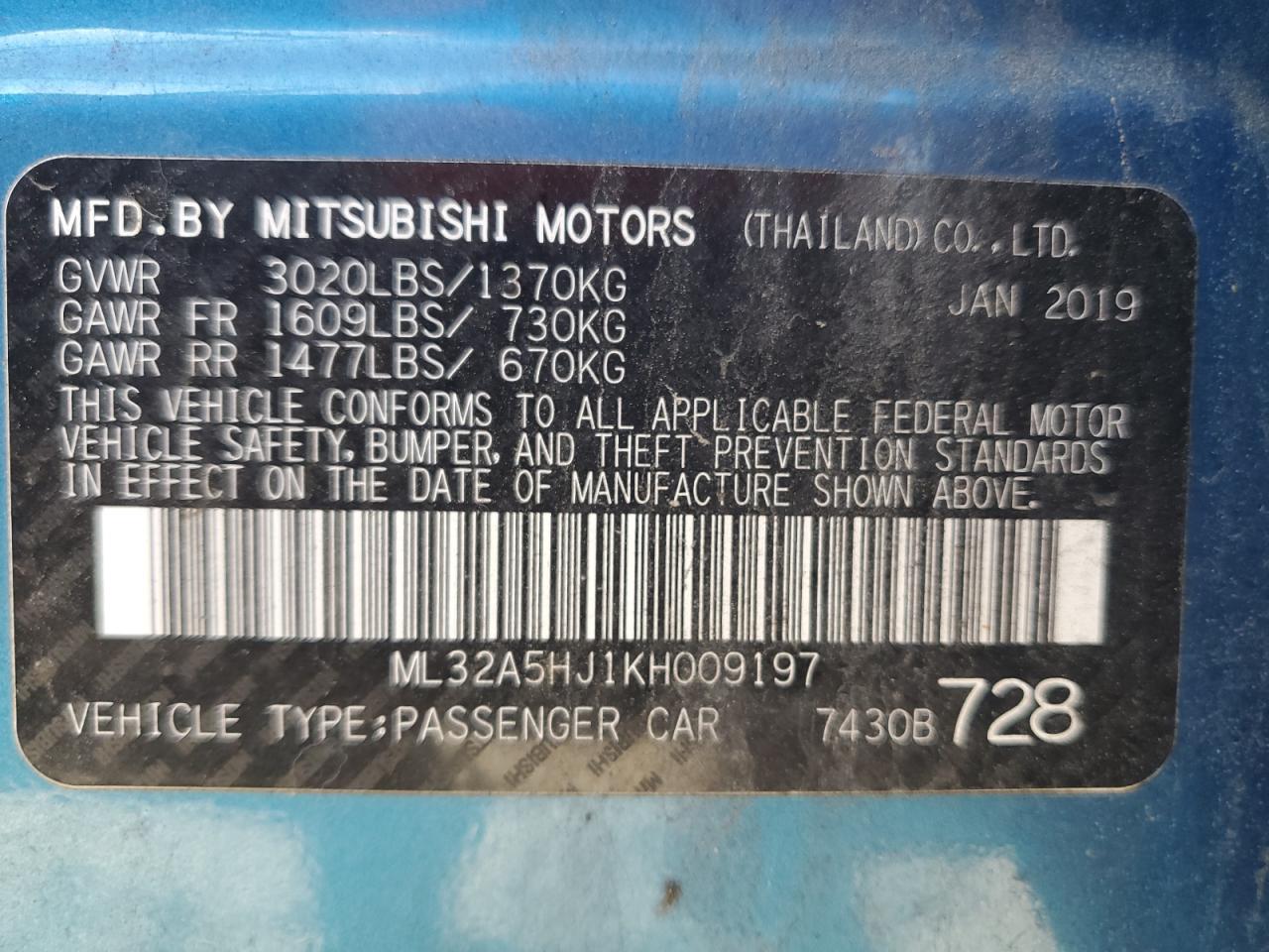 2019 Mitsubishi Mirage Le VIN: ML32A5HJ1KH009197 Lot: 69820425