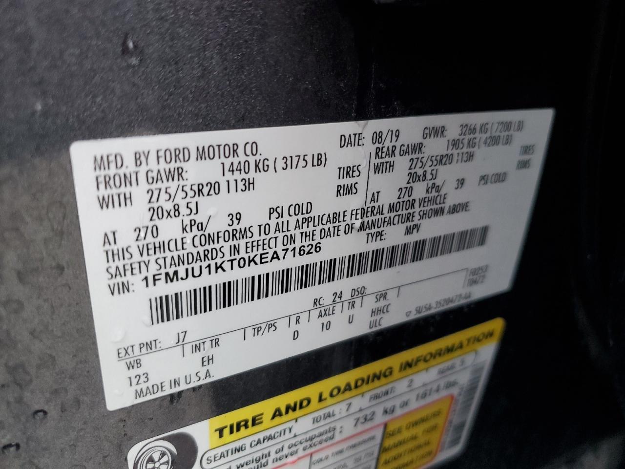 2019 Ford Expedition Limited VIN: 1FMJU1KT0KEA71626 Lot: 68509745