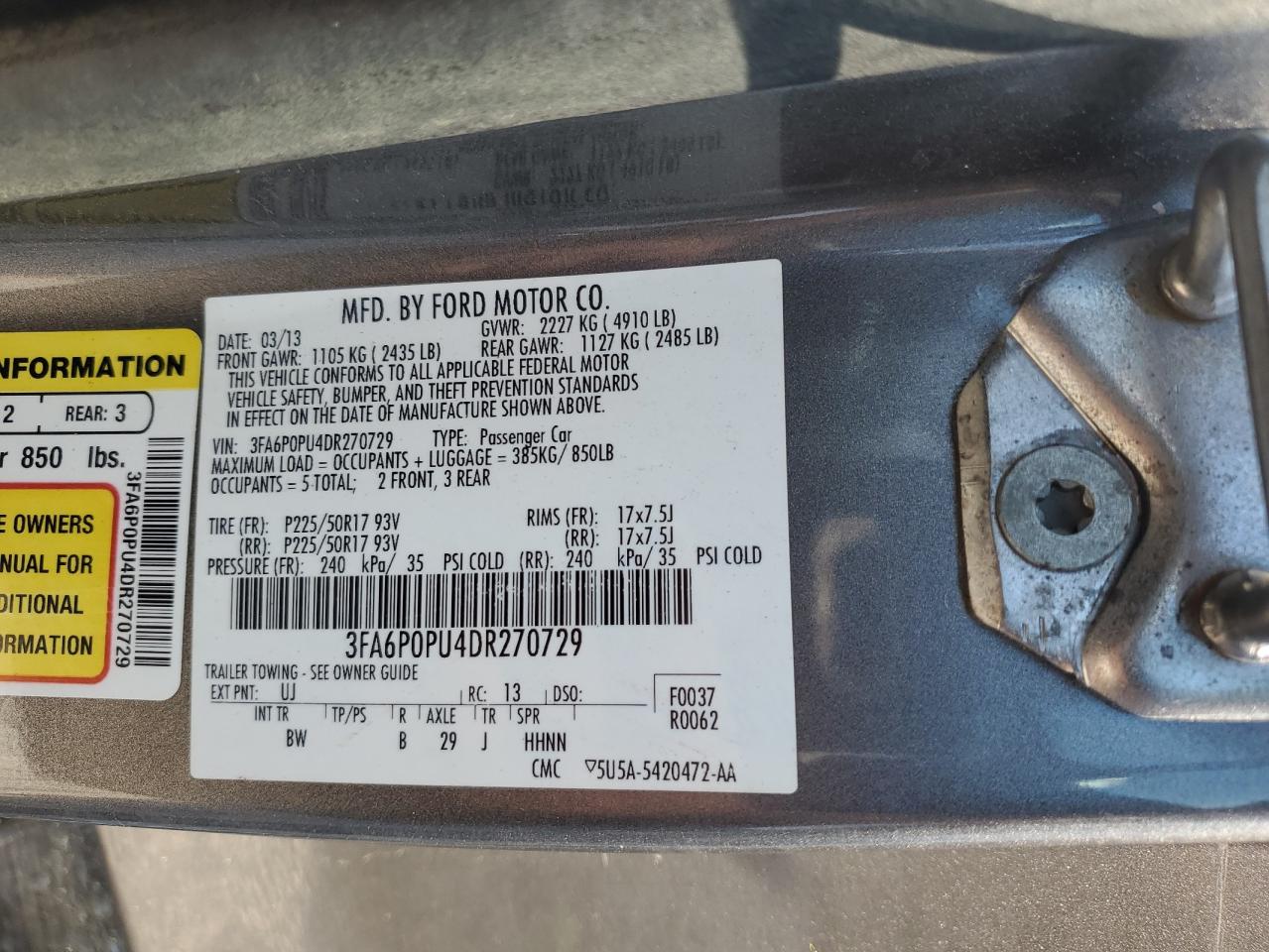 2013 Ford Fusion Se Phev VIN: 3FA6P0PU4DR270729 Lot: 68263515