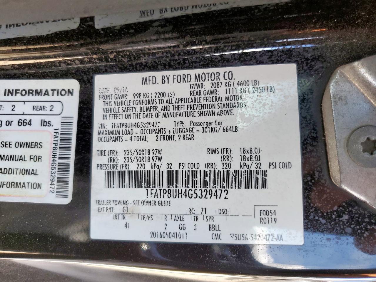 2016 Ford Mustang VIN: 1FATP8UH4G5329472 Lot: 69268545