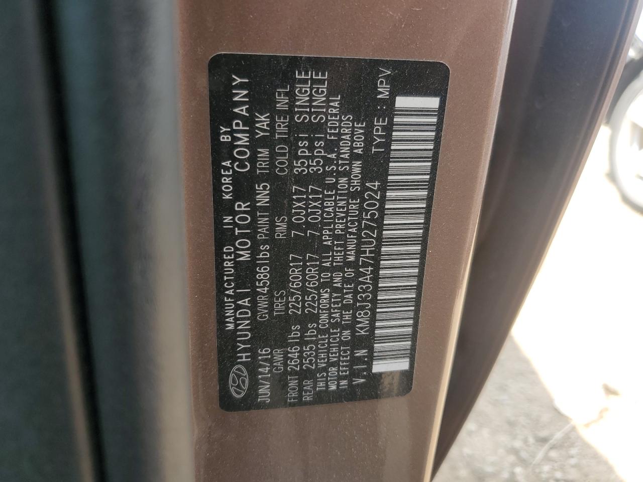 2017 Hyundai Tucson Limited VIN: KM8J33A47HU275024 Lot: 68093595