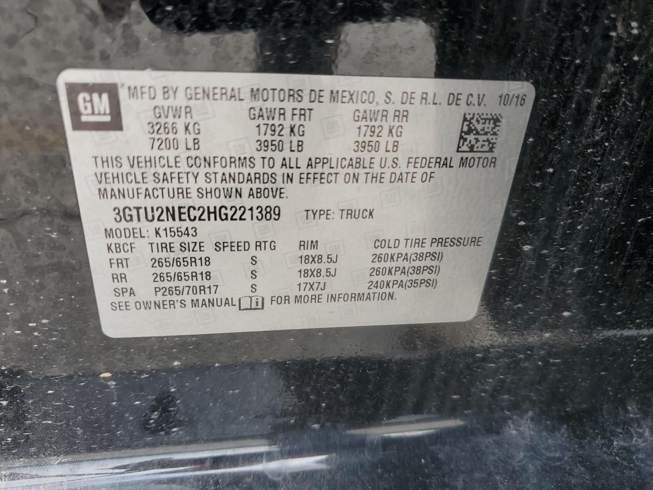 2017 GMC Sierra K1500 Slt VIN: 3GTU2NEC2HG221389 Lot: 69993535