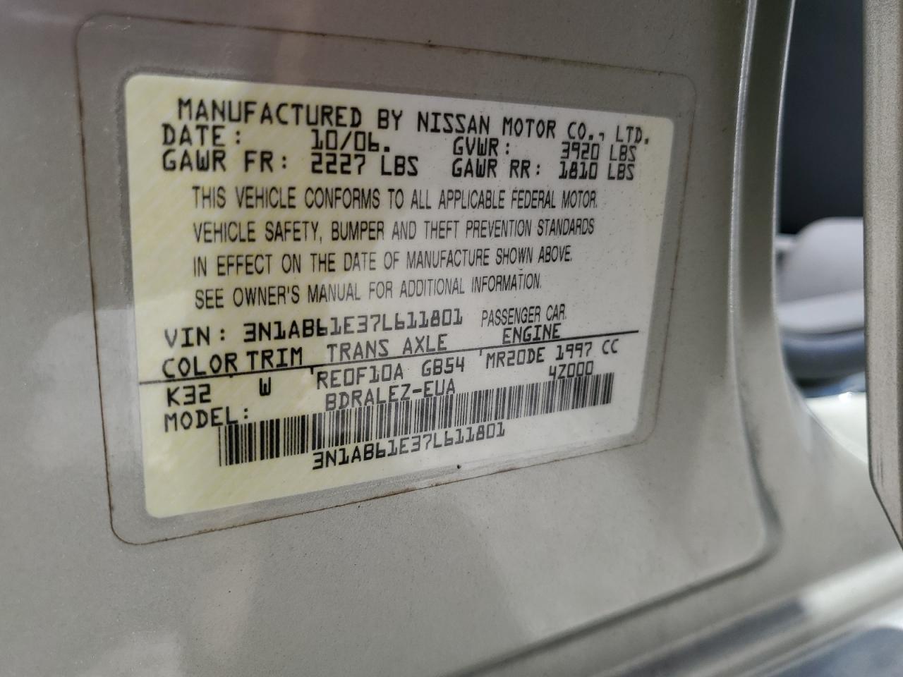 2007 Nissan Sentra 2.0 VIN: 3N1AB61E37L611801 Lot: 69005965
