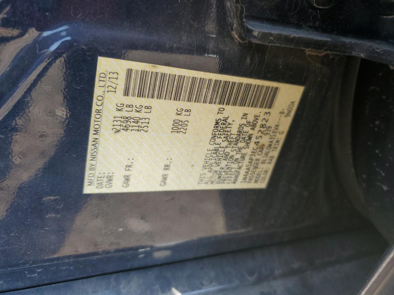 2014 Nissan Maxima S VIN: 1N4AA5AP3EC452823 Lot: 68180105