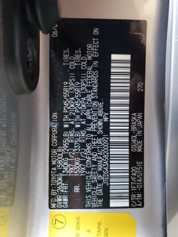 2008 Toyota Highlander Sport VIN: JTEDS43A582000921 Lot: 69938265