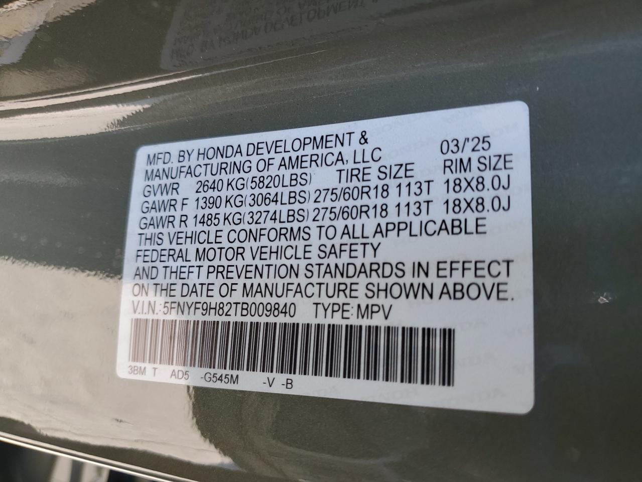 2026 Honda Passport Trailsport Elite VIN: 5FNYF9H82TB009840 Lot: 69845275