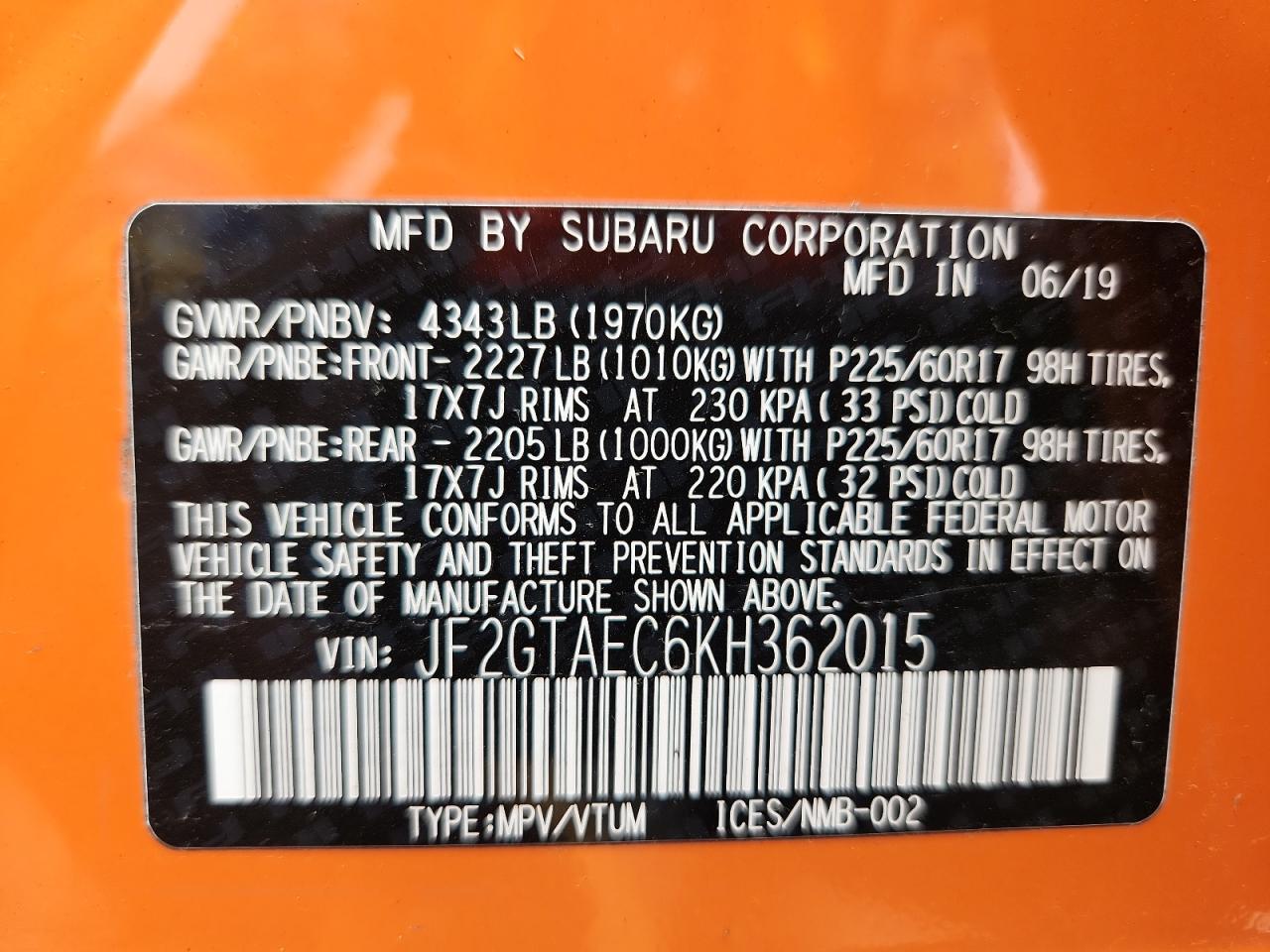 2019 Subaru Crosstrek Premium VIN: JF2GTAEC6KH362015 Lot: 68520425