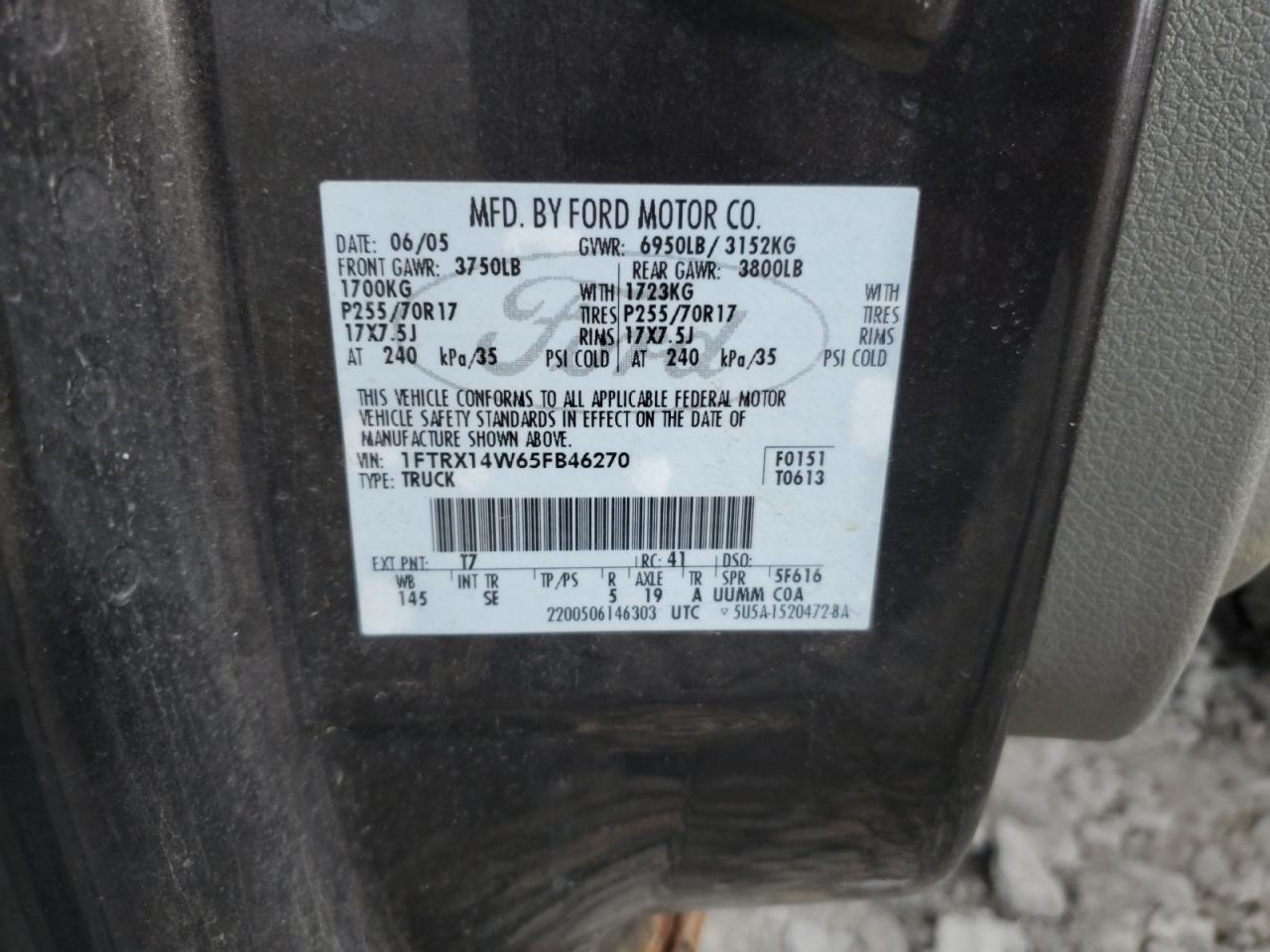 2005 Ford F150 VIN: 1FTRX14W65FB46270 Lot: 69677835