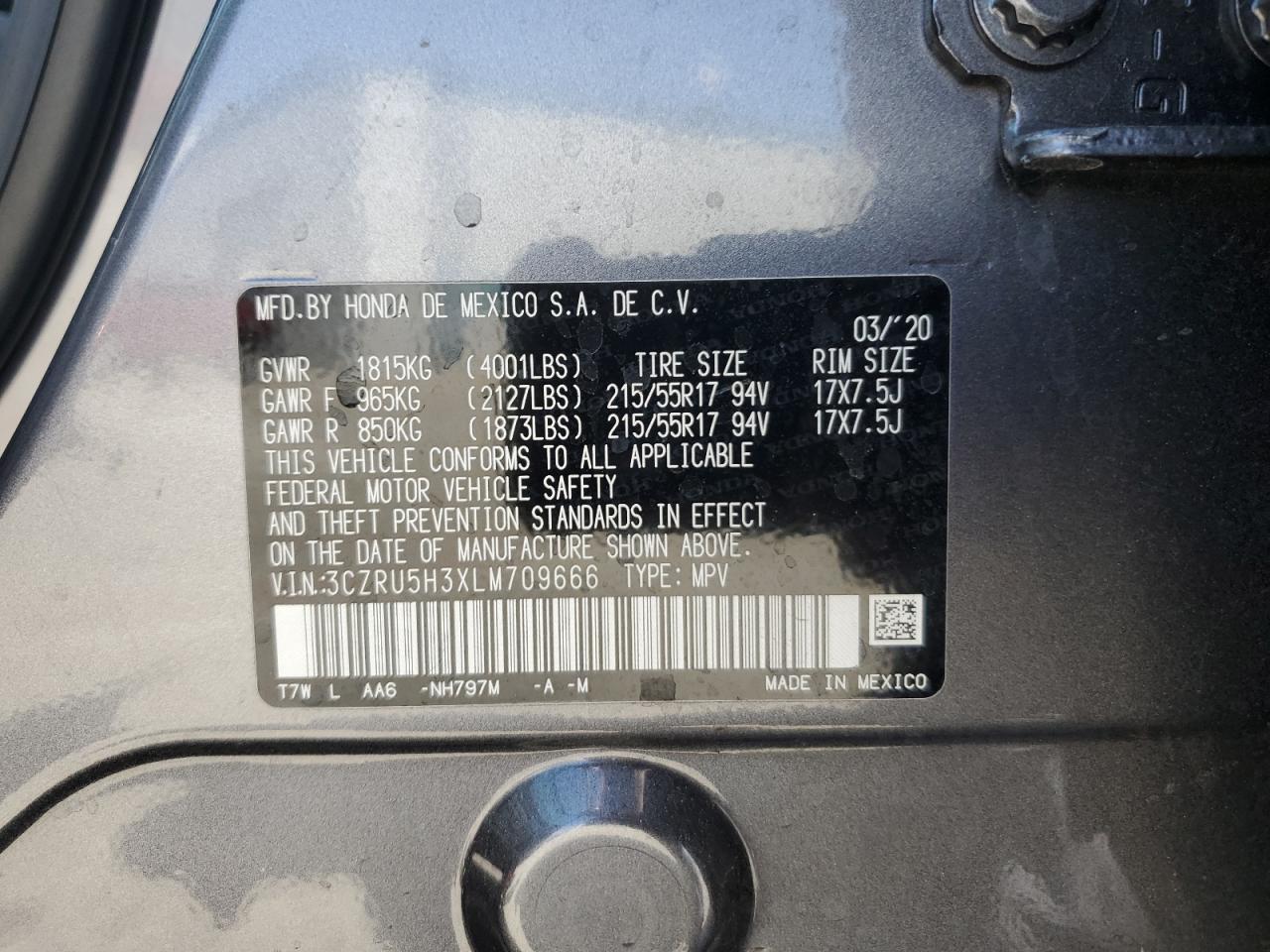 2020 Honda Hr-V Lx VIN: 3CZRU5H3XLM709666 Lot: 69468405