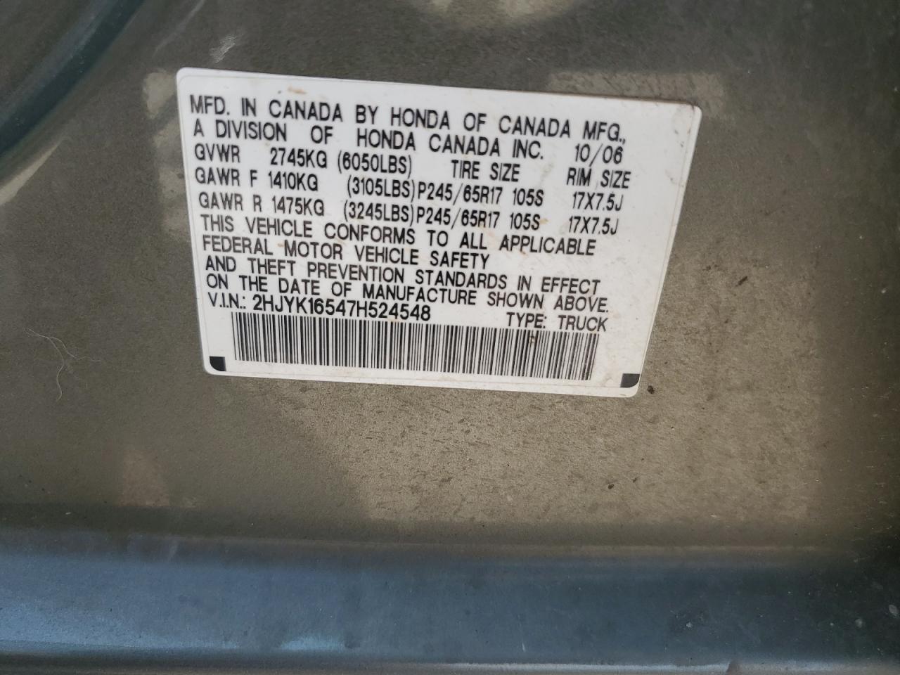 2007 Honda Ridgeline Rtl VIN: 2HJYK16547H524548 Lot: 67326315