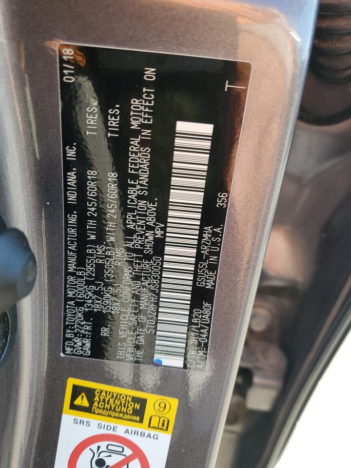 2018 Toyota Highlander Se VIN: 5TDJZRFH7JS830050 Lot: 68324155