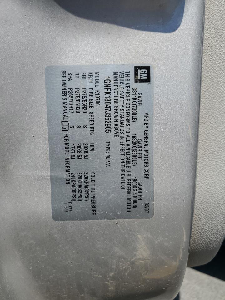 2007 Chevrolet Tahoe K1500 VIN: 1GNFK13047J352905 Lot: 69778235