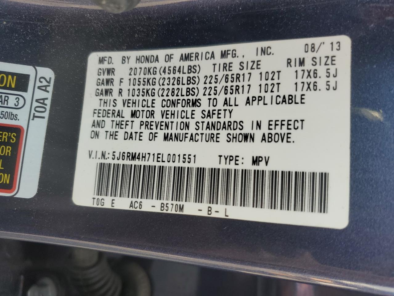 2014 Honda Cr-V Exl VIN: 5J6RM4H71EL001551 Lot: 67268595