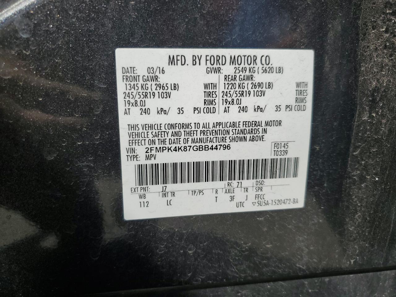 2016 Ford Edge Titanium VIN: 2FMPK4K87GBB44796 Lot: 69612155