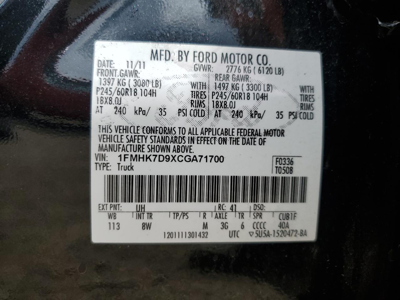 2012 Ford Explorer Xlt VIN: 1FMHK7D9XCGA71700 Lot: 70221055