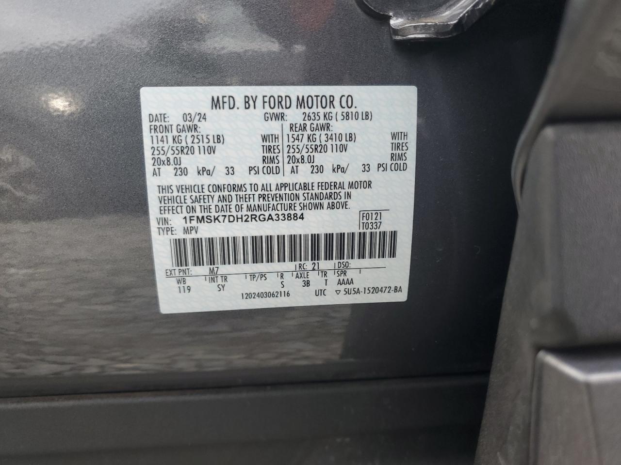 2024 Ford Explorer Xlt VIN: 1FMSK7DH2RGA33884 Lot: 69952655