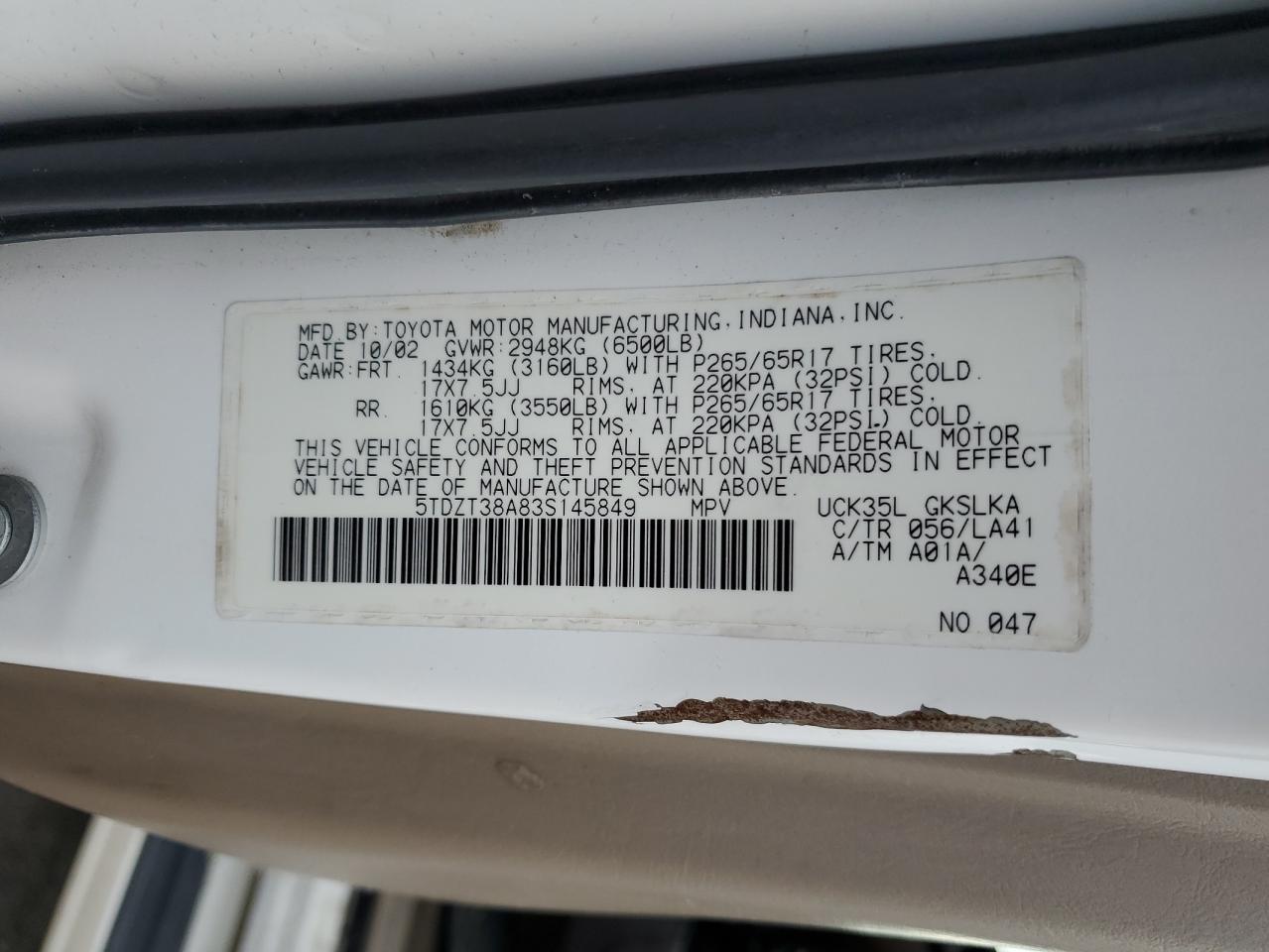 2003 Toyota Sequoia Limited VIN: 5TDZT38A83S145849 Lot: 67390465