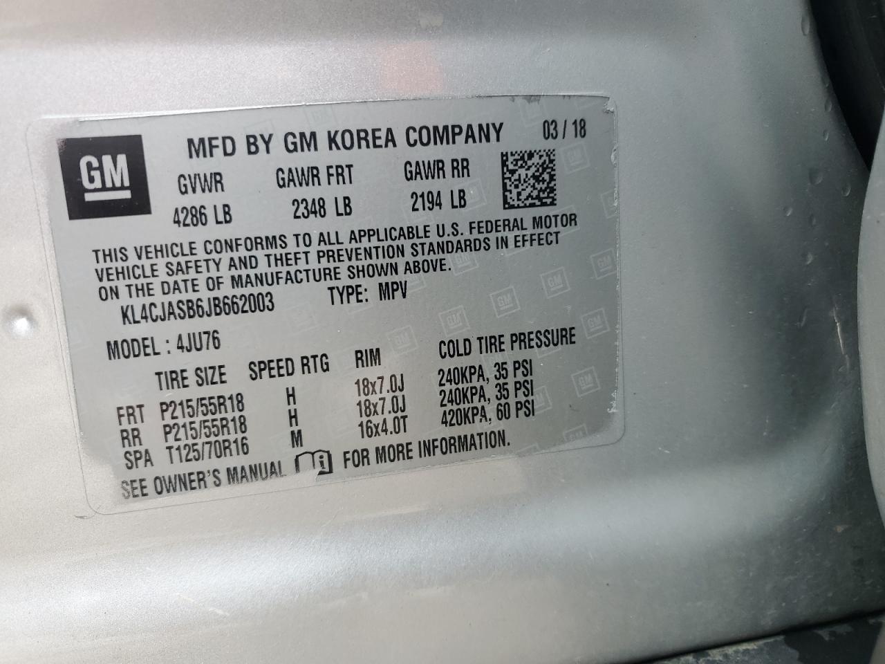 2018 Buick Encore Preferred VIN: KL4CJASB6JB662003 Lot: 70426645