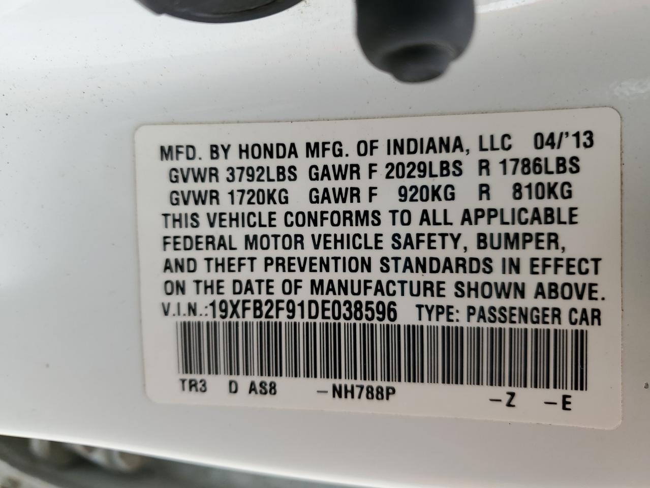 2013 Honda Civic Exl VIN: 19XFB2F91DE038596 Lot: 69552305