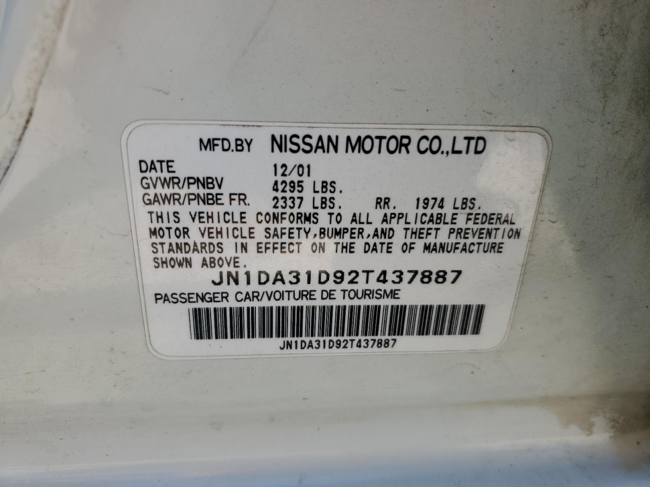 2002 Nissan Maxima Gle VIN: JN1DA31D92T437887 Lot: 70896745