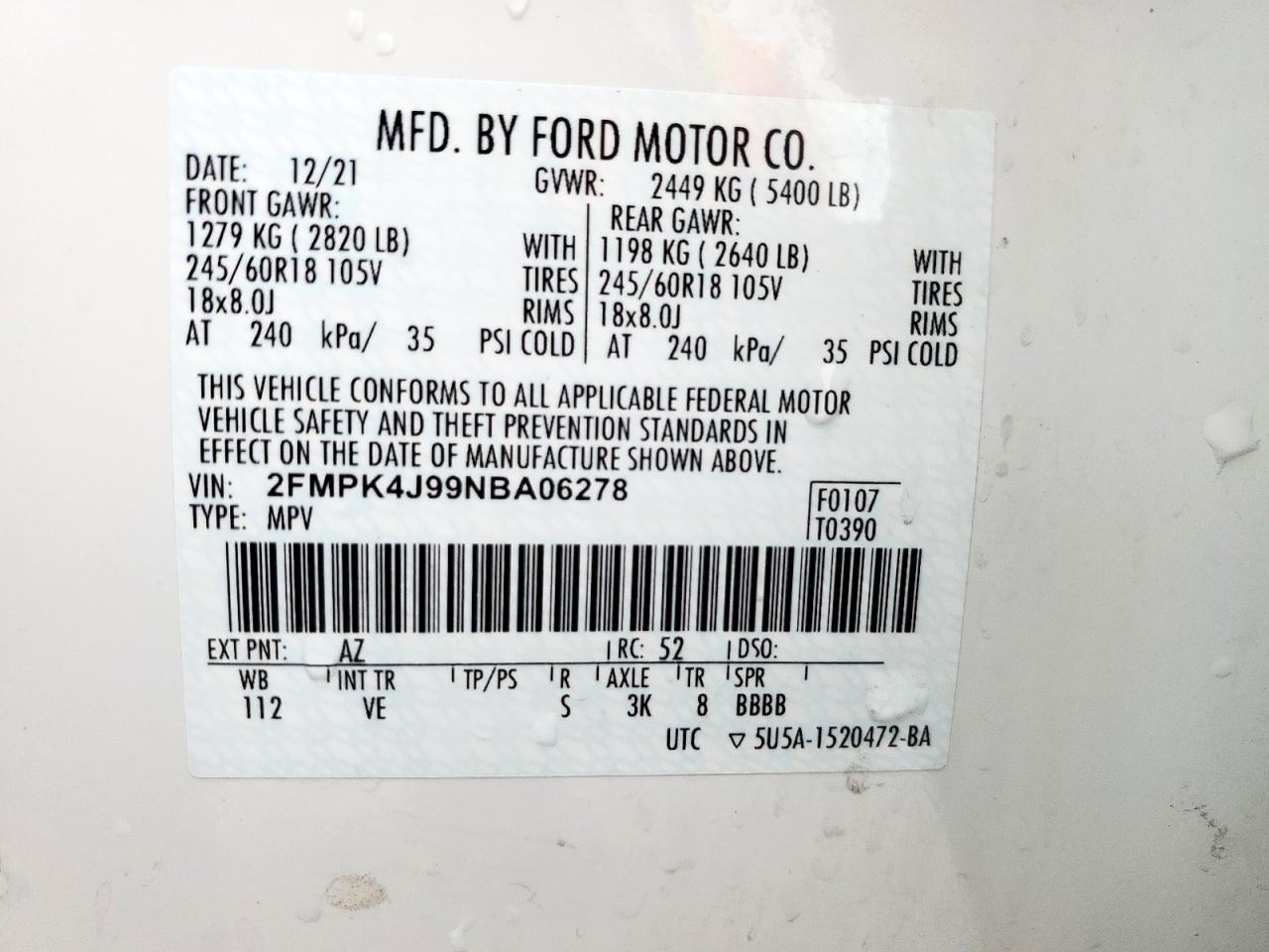 2022 Ford Edge Sel VIN: 2FMPK4J99NBA06278 Lot: 66390905