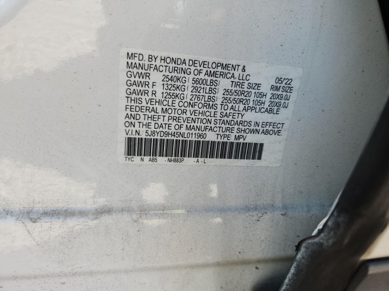 2022 Acura Mdx Technology VIN: 5J8YD9H45NL011960 Lot: 70580115