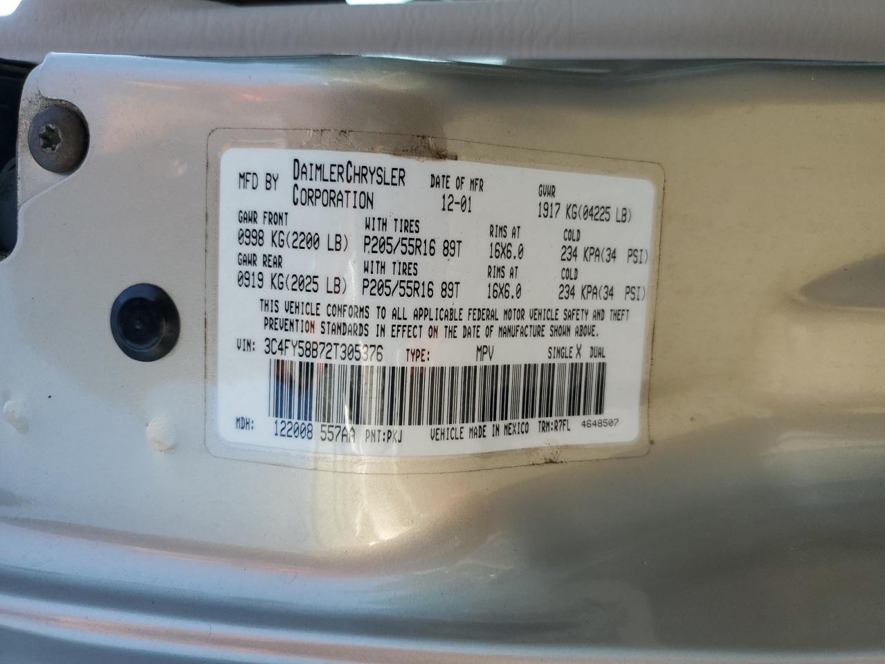 2002 Chrysler Pt Cruiser Touring VIN: 3C4FY58B72T305376 Lot: 67380855