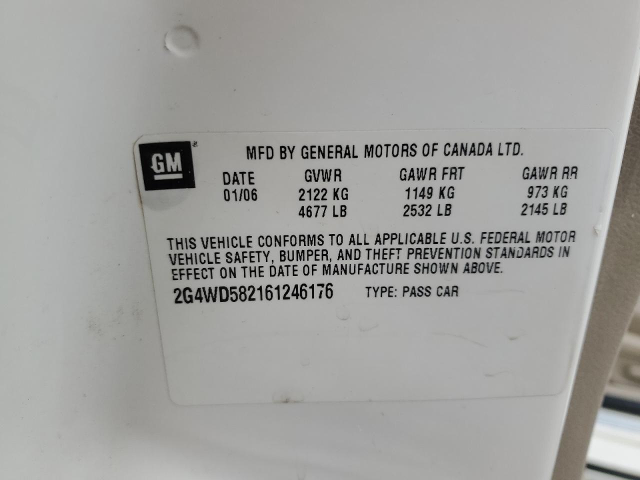 2006 Buick Lacrosse Cxl VIN: 2G4WD582161246176 Lot: 69301235