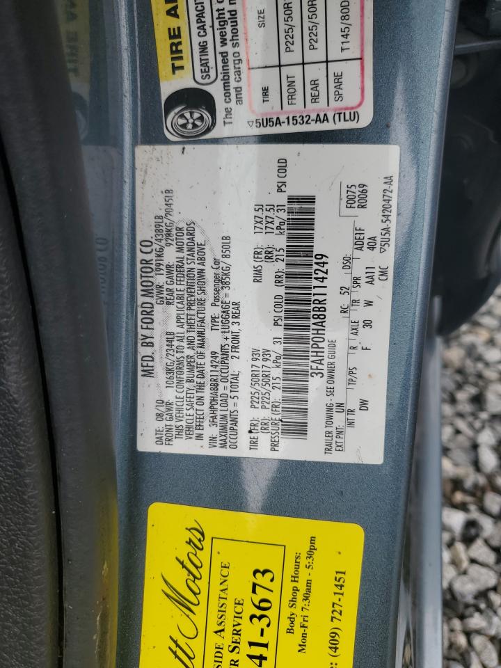 2011 Ford Fusion Se VIN: 3FAHP0HA8BR114249 Lot: 68427735