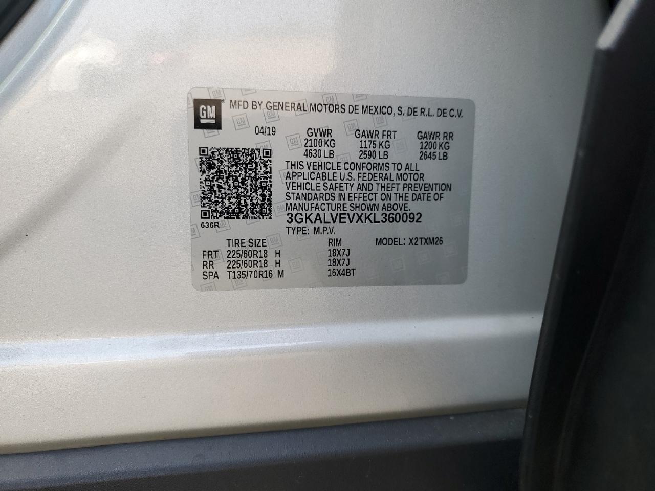 3GKALVEVXKL360092 2019 GMC Terrain Slt