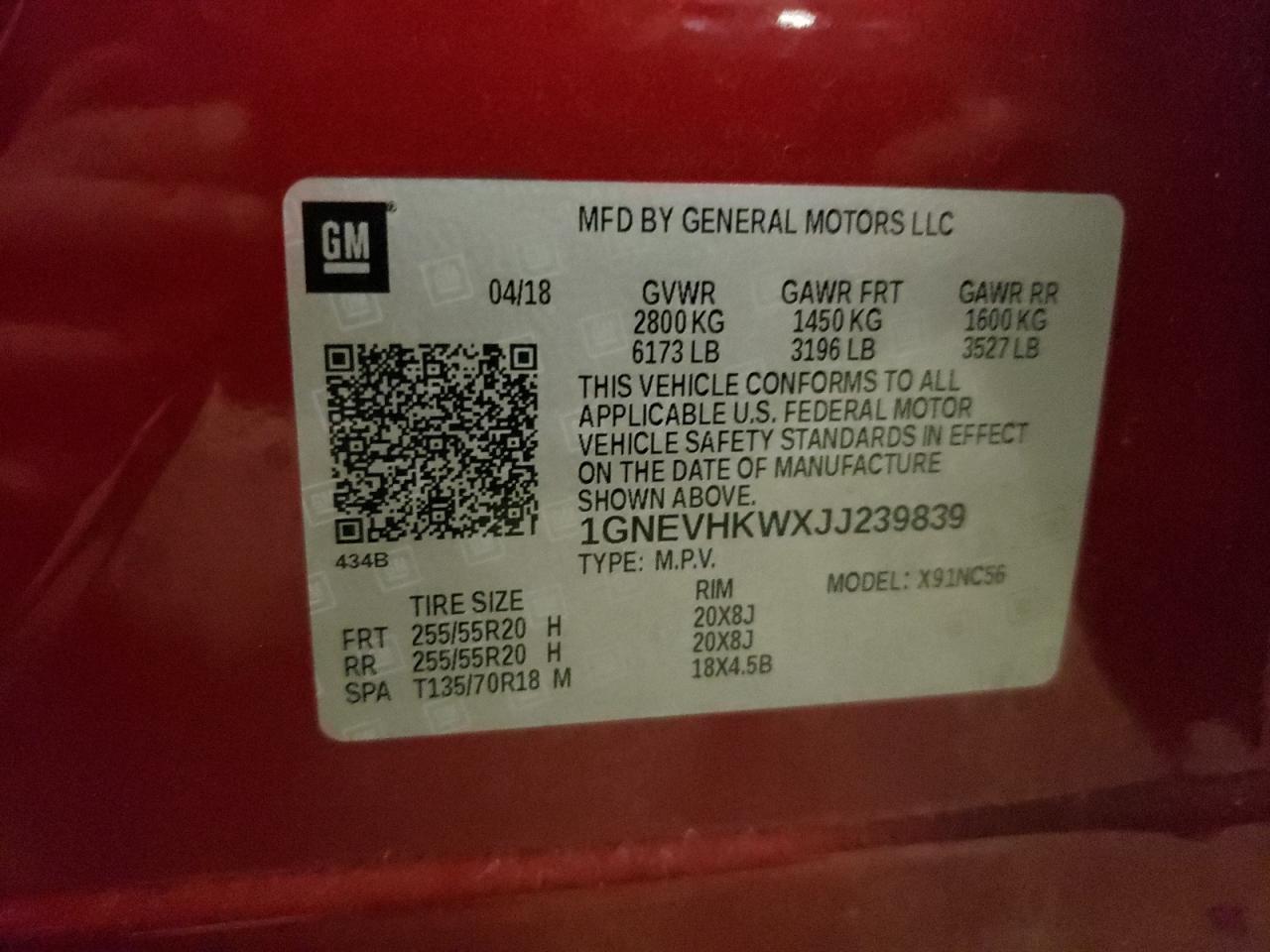 2018 Chevrolet Traverse Lt VIN: 1GNEVHKWXJJ239839 Lot: 69466655