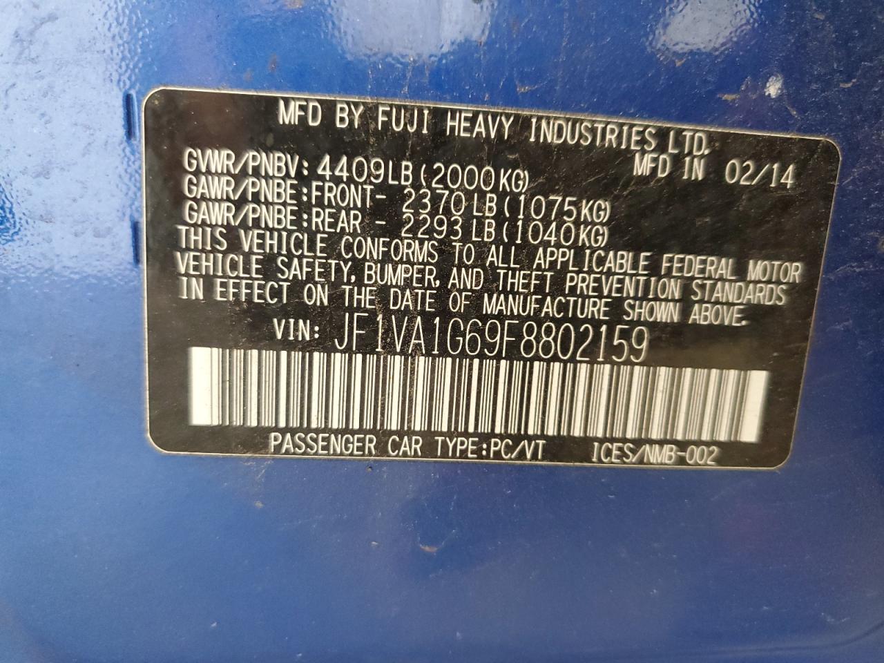 2015 Subaru Wrx Limited VIN: JF1VA1G69F8802159 Lot: 70529685