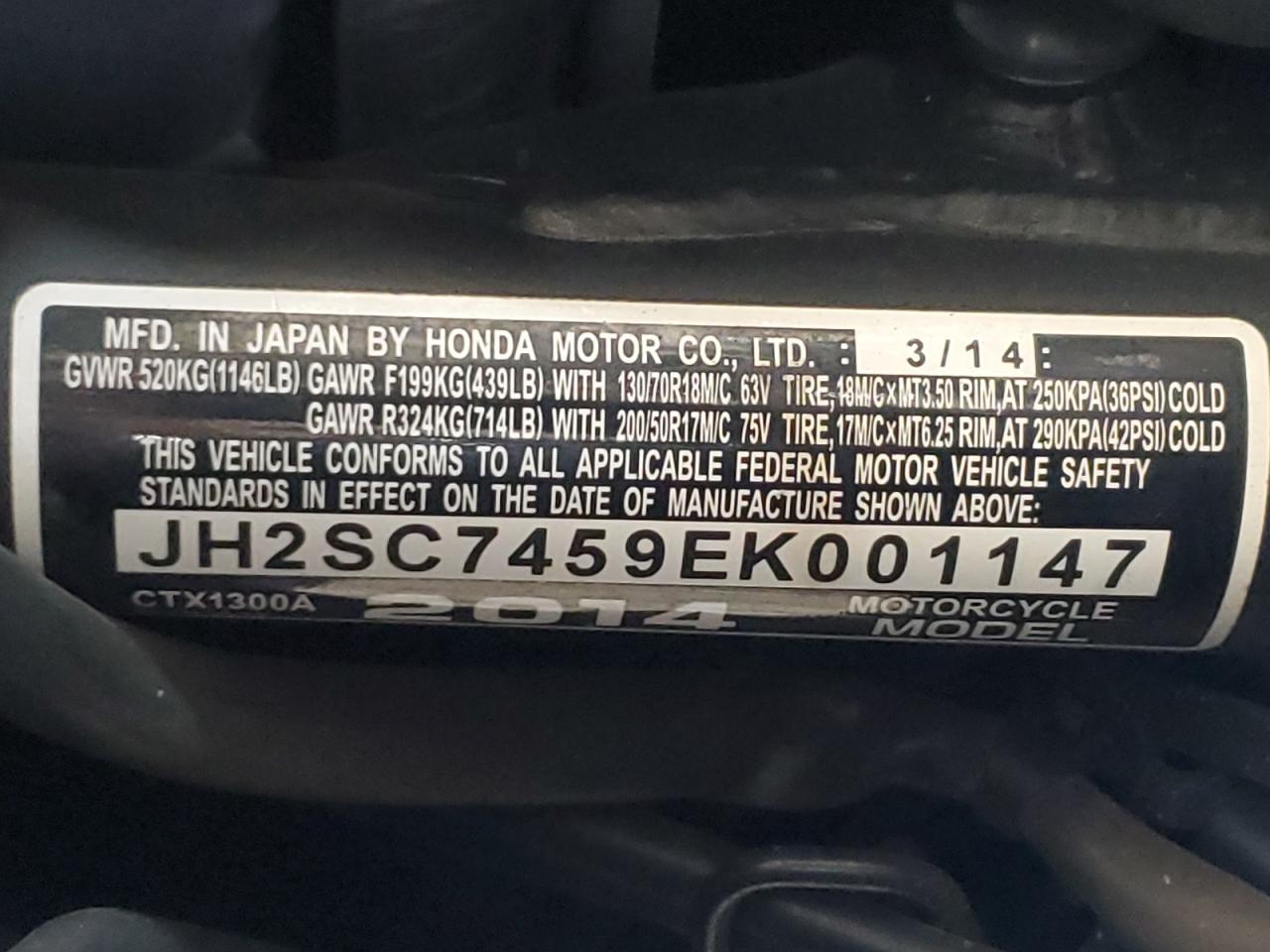 2014 Honda Ctx1300 A VIN: JH2SC7459EK001147 Lot: 69364385