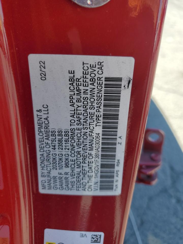 2022 Honda Accord Sport VIN: 1HGCV1F38NA030064 Lot: 92756715