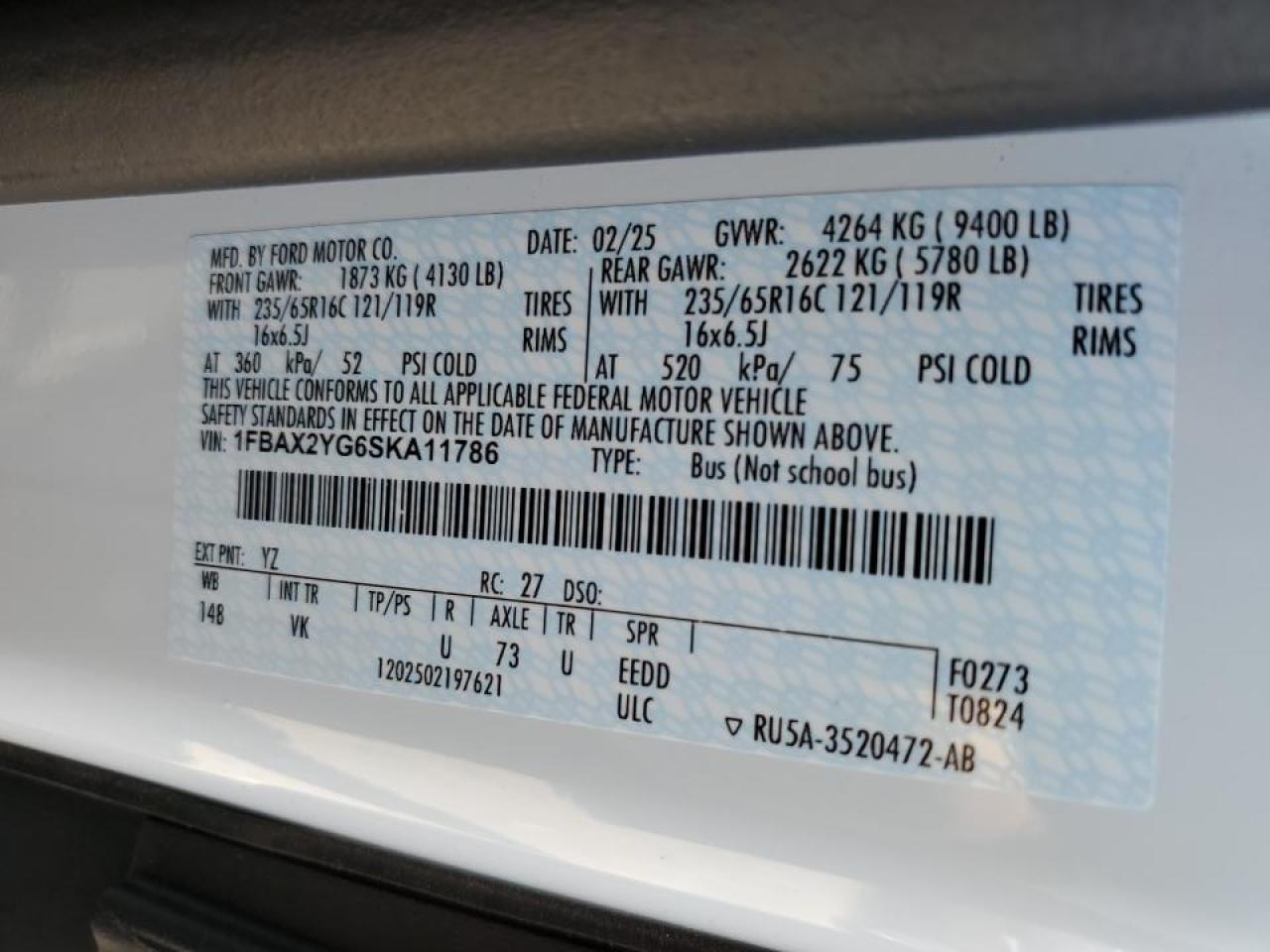 2025 Ford Transit T-350 VIN: 1FBAX2YG6SKA11786 Lot: 67388295